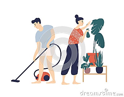 Smiling young man and woman cleaning house together. Boy vacuuming floor at home and girl taking care of plant. Everyday Vector Illustration