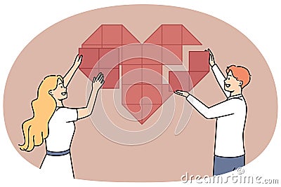Smiling man and woman gather huge heart Vector Illustration