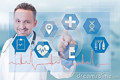 Smiling young medic touching medical icon on futuristic screen Stock Photo