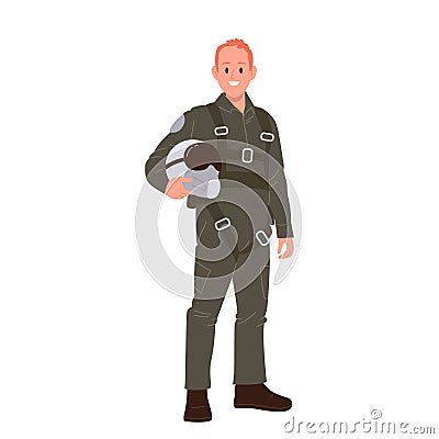 Military man pilot of air force cartoon characters wearing uniform holding helmet isolated on white Vector Illustration