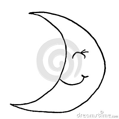 Smiling young moon. Hand drawing sketch. Black outline on white background. Vector illustration Vector Illustration