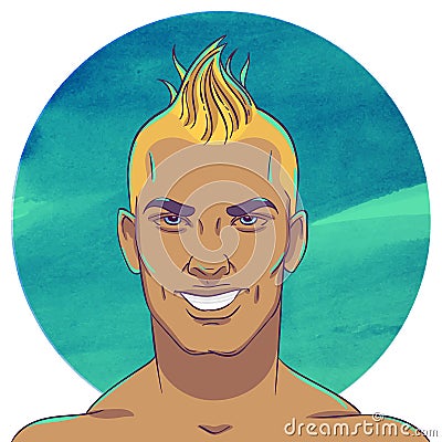 Smiling young tanned guy with a mohawk hairstyle Vector Illustration