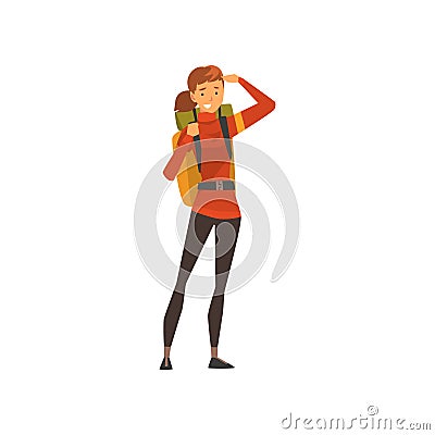 Smiling young woman with backpack, outdoor adventures, travel, camping, backpacking trip or expedition vector Vector Illustration