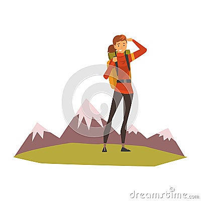 Smiling young woman with backpack, summer mountain landscape, outdoor adventures, travel, camping, backpacking trip or Vector Illustration