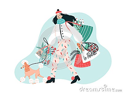 Smiling young woman dressed in trendy outerwear walking her poodle dog on leash and carrying bags with purchased Vector Illustration