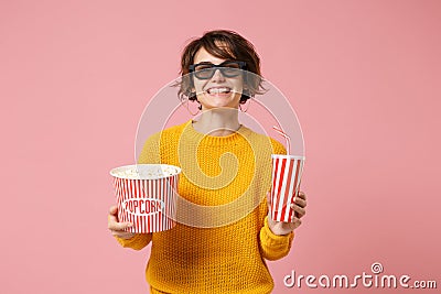 Smiling young woman girl in 3d imax glasses posing isolated on pink background. People in cinema, lifestyle concept Stock Photo