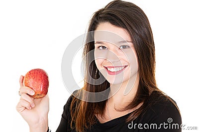 Smiling young woman with healthy teeth holdinh red apple Stock Photo