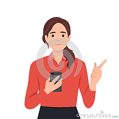 Smiling young woman hold cellphone point at screen. Happy girl with smartphone in hands show with finger at camera make choice Vector Illustration