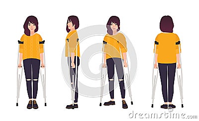 Smiling young woman standing or walking with crutches. Cute girl with limited mobility. Happy female cartoon character Vector Illustration