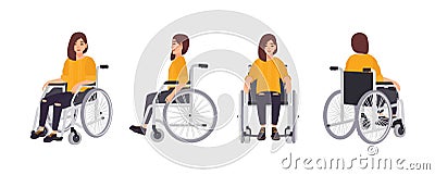 Smiling young woman in wheelchair isolated on white background. Female character undergoing rehabilitation after trauma Vector Illustration