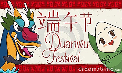 Smiling Zongzi and Dragon Saluting in Duanwu Festival Celebration, Vector Illustration Vector Illustration