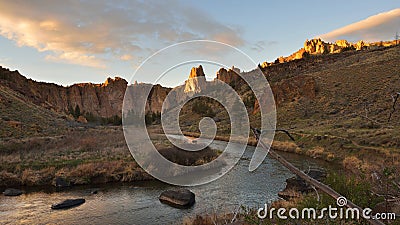 Smith Rock and Crooked River at sunset Stock Photo