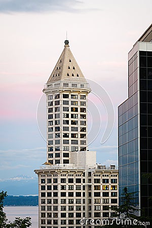 The Smith Tower in downtown Seattle glows in the dawn light Editorial Stock Photo