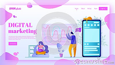 SMM landing page header concept. Social media marketing vector illustration in flat style. Web page banner. Vector Illustration