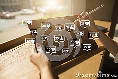 SMM, likes, followers and message icons on virtual screen. Social media marketing. Business and internet concept. Stock Photo