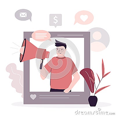 SMM manager with megaphone advertises products and company. Male marketer presents new project in social media Vector Illustration
