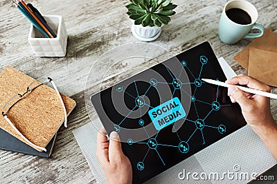 SMM, Social media marketing, communication concept on device screen. Stock Photo