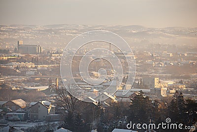 Fog and smog over the city, winter scene - Airpollution air pollution in winter, Valjevo, Serbia Editorial Stock Photo