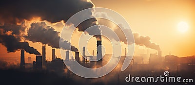 Smog polluted urban landscape. Highly polluted city with factory plants smoking towers and pipes. Environment Stock Photo