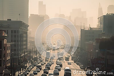 smoggy cityscape with towering smokestacks and heavy traffic Stock Photo