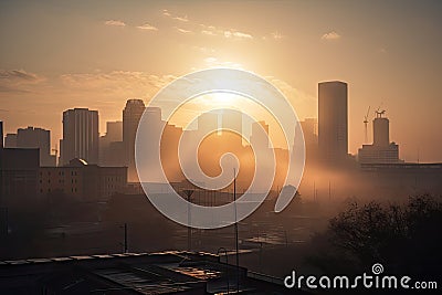 smoggy morning, with sun rising over city skyline Stock Photo