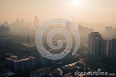 smoggy view of city skyline with smog and haze visible in the air Stock Photo