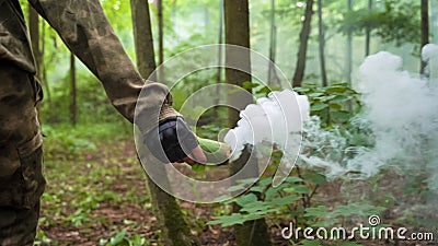 Smoke Bomb in Hand. Prisoner in camouflage with a smoke bomb Stock Photo