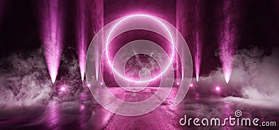 Smoke Circle Sci Fi Futuristic Background Vibrant Purple Ultraviolet Pink Neon Arc Big Huge Dark Empty Grunge Concrete Long Hall Stock Photo