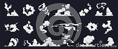 Smoke cloud. Cartoon fog puff. Collection of cloudscape templates. Steam motion bomb blast. Weather forecast symbol Vector Illustration