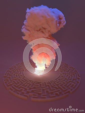 Smoke column in the center of the labyrinth. 3d rendering Stock Photo