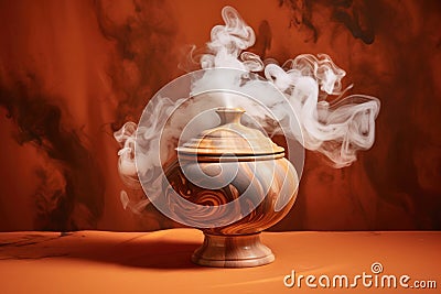 smoke escaping from terracotta pot smokers lid Stock Photo