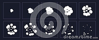 Smoke explosion animation. Cartoon explosion animated shot, explode clouds frames. Exploding effect storyboard isolated Vector Illustration