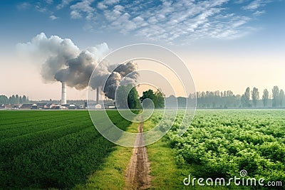 Smoke-filled factory chimneys against a green field. The damaging effects of harmful chemical emissions on the natural environment Stock Photo