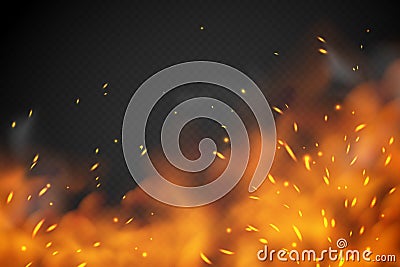 Smoke fire effect. Burning embers red hot metal ignite sparks fiery heat transparent smog texture isolated on black Vector Illustration