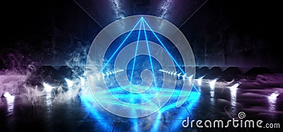 Smoke Fog Alien Sci Fi Futuristic Modern Neon Glowing Hologram Pyramid Stage Blue Construction Metal With Studio Lights And Lasers Stock Photo