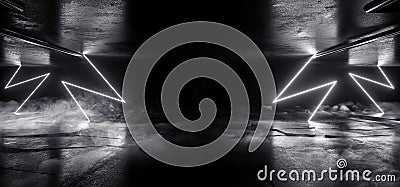 Smoke Fog Cyber Virtual White Laser Neon Glowing Sci Fi Futuristic Warehouse Grunge Concrete Stage Room Garage Underground Alien Stock Photo