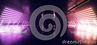 Smoke Fog Neon Glowing Laser Orange Purple Beams Pillars Concrete Grunge Tiled Floor Alien Spaceship Cyber Tunnel Corridor Dark Cartoon Illustration