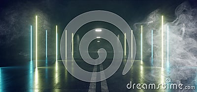 Smoke Fog Steam Burn Road Asphalt Double Lined Dark Night Sci Fi Futuristic Car Neon Background Laser Glowing Beam Light Green Stock Photo