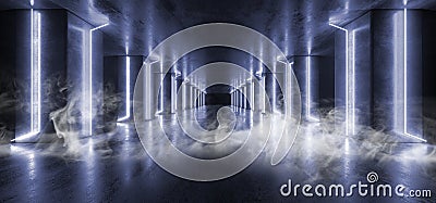 Smoke Future Neon Lights Graphic Glowing Blue Vibrant Virtual Sci Fi Futuristic Tunnel Studio Stage Construction Garage Podium Stock Photo