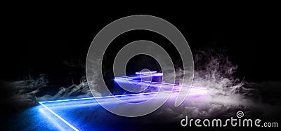 Smoke Future Night Neon Show Vibrant Glow Purple Blue Modern Futuristic Underground Concrete Grunge Floor Reflection Empty Stock Photo