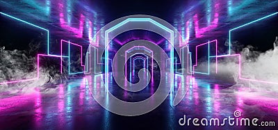 Smoke Futuristic Sci Fi Laser Neon Shapes Glowing Light Vibrant Purple Blue Stage NIght Club Background Grunge Concrete Dark Stock Photo