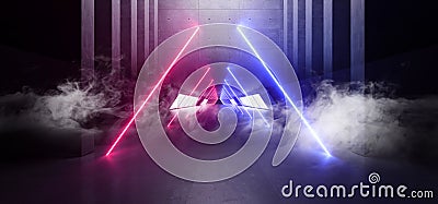 Smoke Futuristic Sci Fi Laser Neon Shapes Glowing Light Vibrant Purple Blue Stage NIght Club Background Grunge Concrete Dark Stock Photo