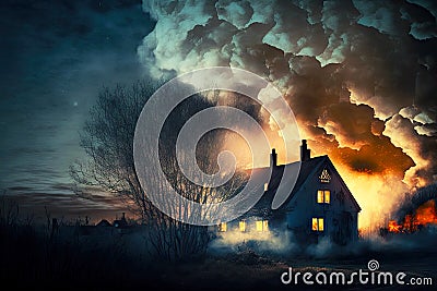 smoke and glow in sky from burning house in village in evening Stock Photo