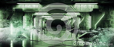 Smoke Green Futuristic Triangle Alien Spaceship Neon Glowing Dark Long Big Hall Corridor Tunnel Grunge Concrete Reflective Tiled Stock Photo