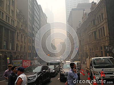 Smoke haze covered over business buildings in city from uncontrolled bush fire, caused Sydney`s air quality plummet, Australia : 1 Editorial Stock Photo