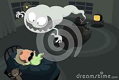 Smoke monster haunting little baby Vector Illustration