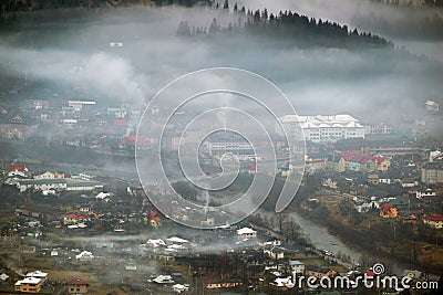 Smoke the mountain village Stock Photo