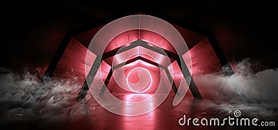 Smoke Neon Lights Futuristic Sci Fi Vibrant Red Dark Background Graphic Corridor Tunnel Spaceship Alien Garage Underground Circle Stock Photo