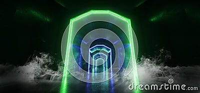 Smoke Neon Lights Virtual Sci Fi Futuristic Vibrant Green Blue Glowing Laser Beam Shapes Dark Grunge Concrete Tunnel Underground Stock Photo