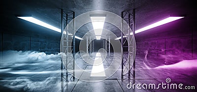 Smoke Neon Purple Blue Sci Fi Futuristic Cocnrete Grunge Reflective Alienship Led Laser Panel Stage Metal Structure Lights Long Stock Photo